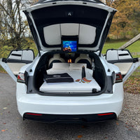 DreamCase Classic white car bed set up in open Tesla Model S trunk