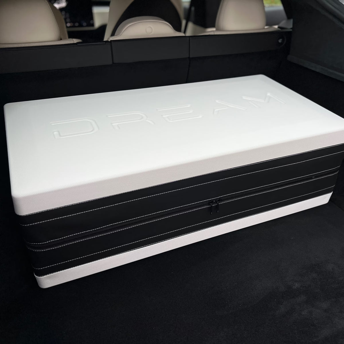 DreamCase Classic white and black vegan leather storage case in Tesla Model S trunk