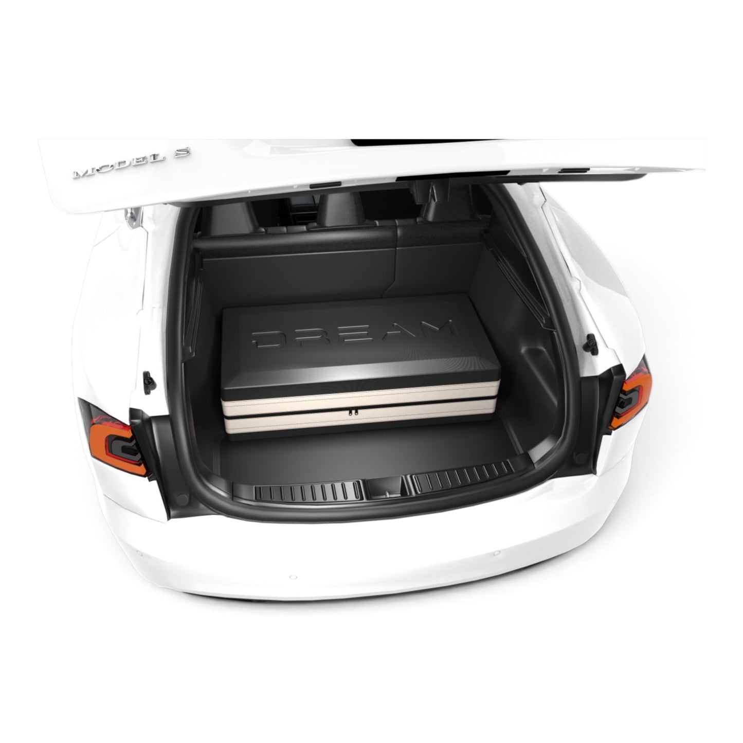 DreamCase Classic black case with beige accent in Tesla Model S trunk