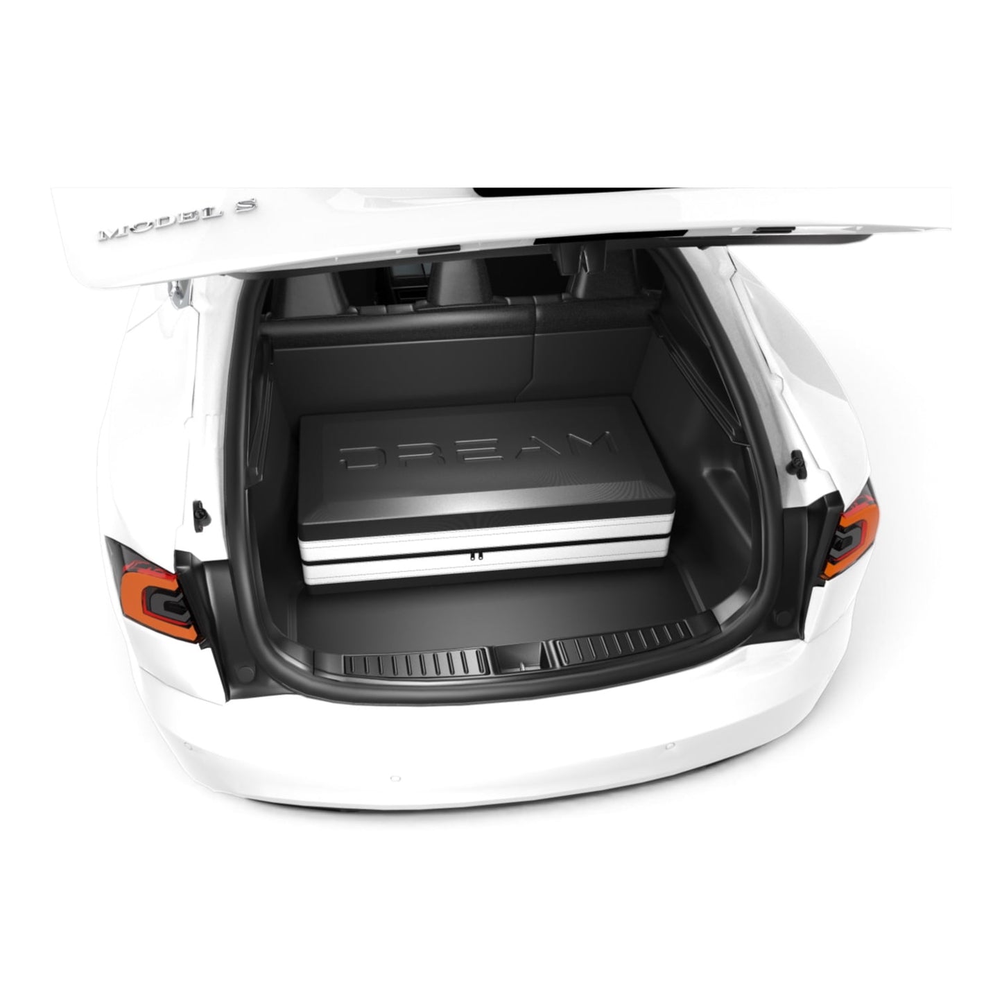 DreamCase Classic black case with white accent in Tesla Model S trunk