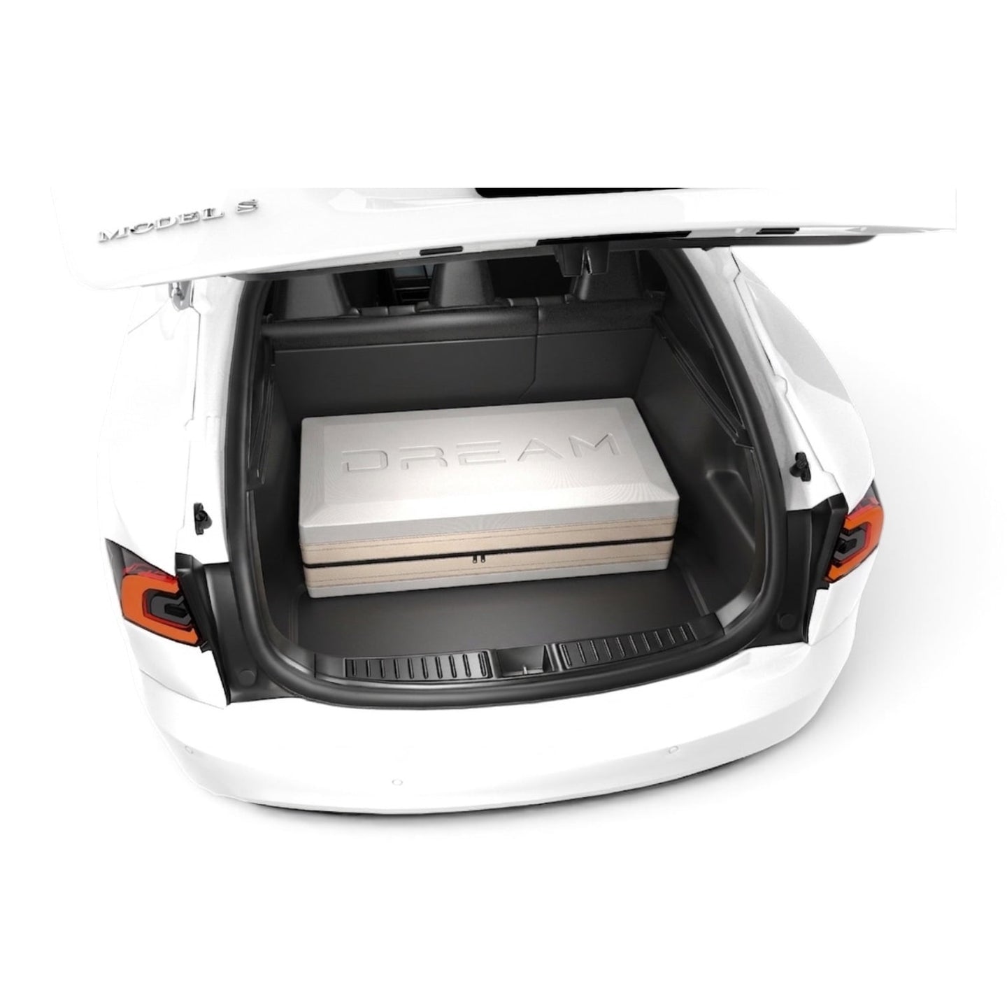 DreamCase Classic white case with beige accent in Tesla Model S trunk