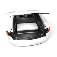 DreamCase Classic white case with black accent in Tesla Model S trunk