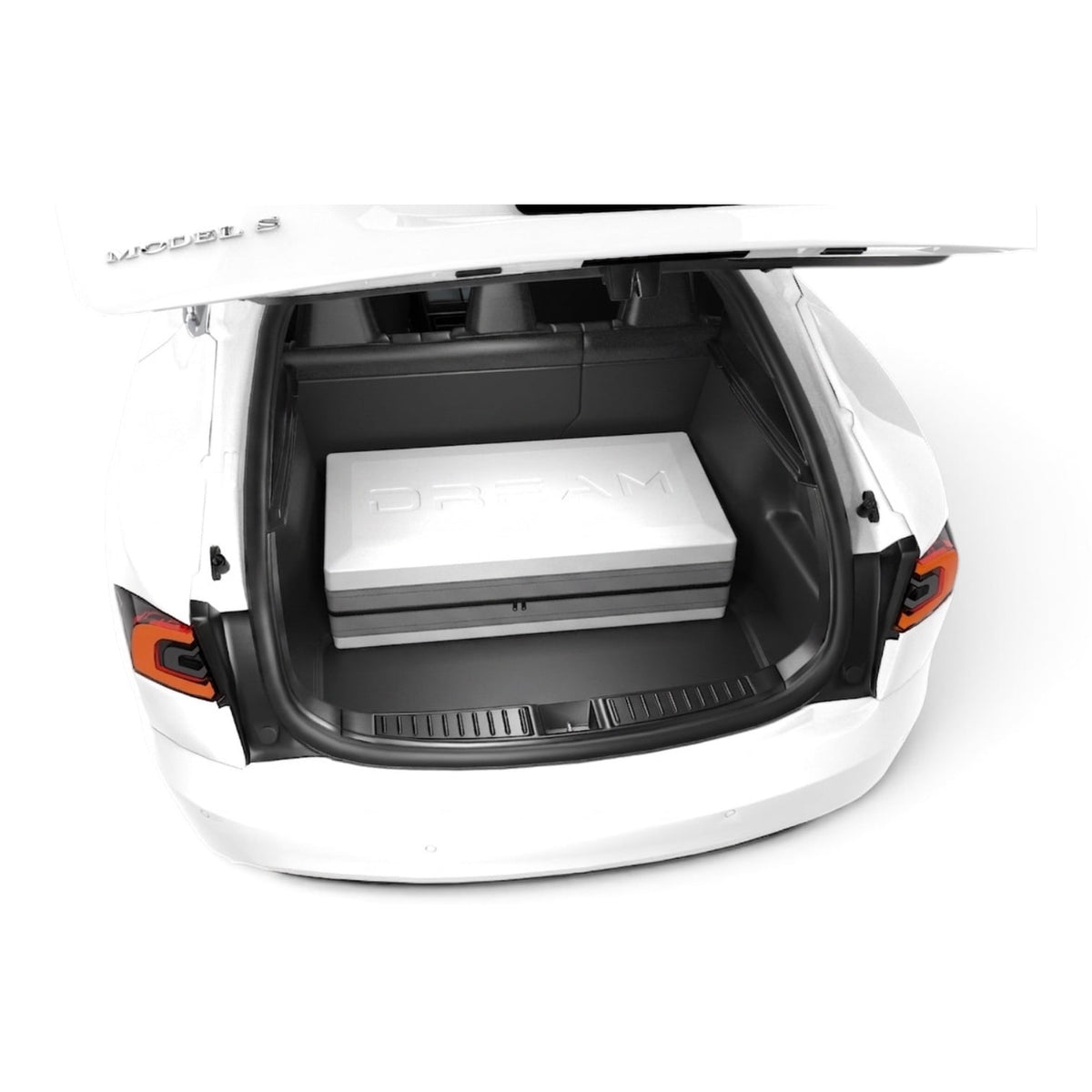 DreamCase Classic white case with grey accent in Tesla Model S trunk