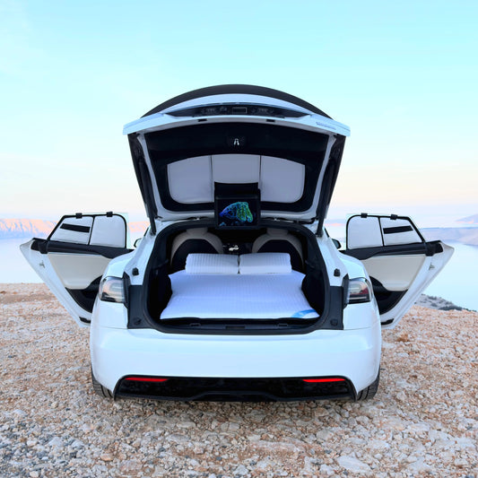 DreamCase Comfort foam car bed mattress deployed in white Tesla Model S Plaid trunk