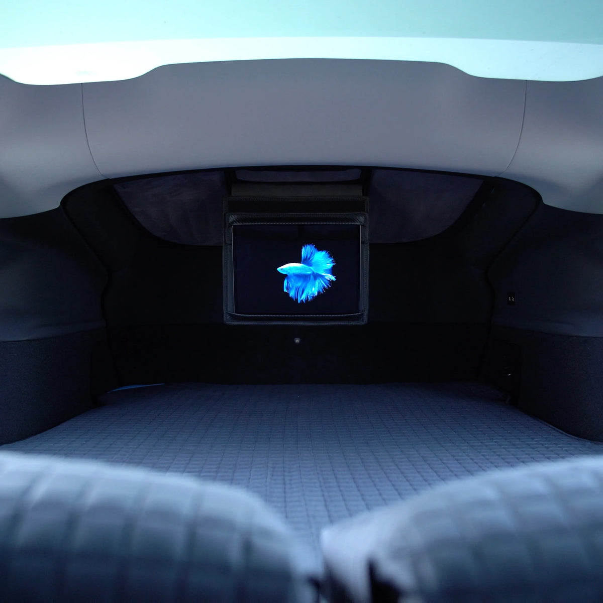 DreamCase WindowBlinds using iPad holder for in car theatre mode view looking at screen from car bed