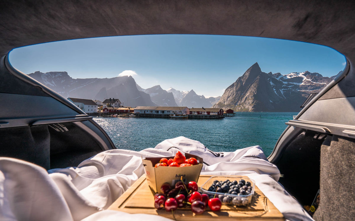 Scenic view of Lofoten Norway mountains and fjord from inside a Tesla Model S trunk with Dreamcase car bed